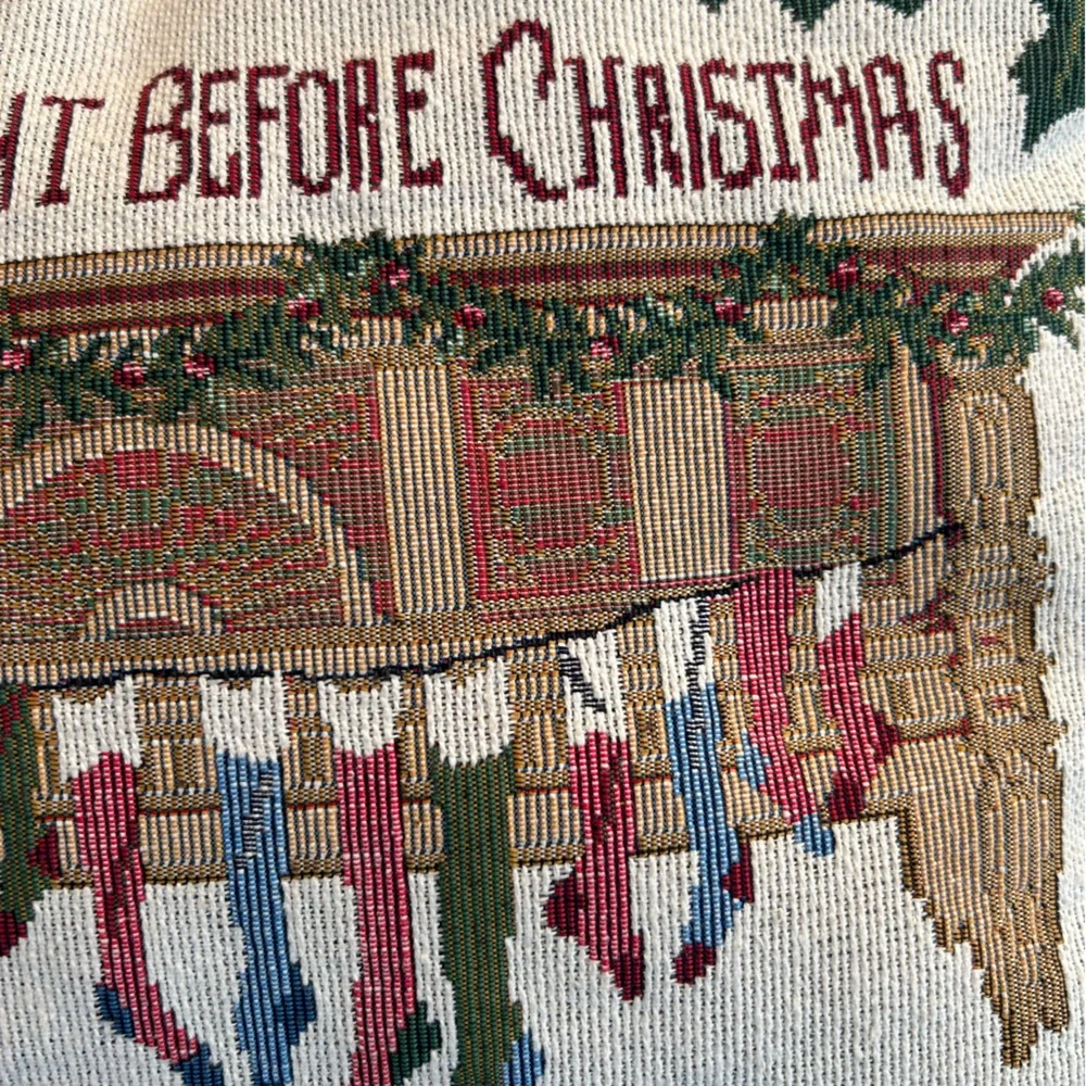 Vintage pillow tapestry ‘Twas the night before Christmas’ green cream stockings